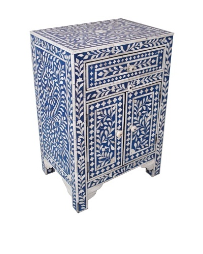 Mili Designs 1 Drawer 2 Doors Mother of Pearl Inlay Bedside, Blue/Cream
