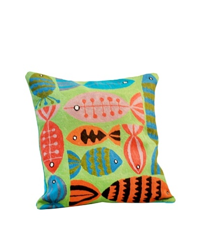 Modelli Creations Fish Crewel Work Pillow, Green