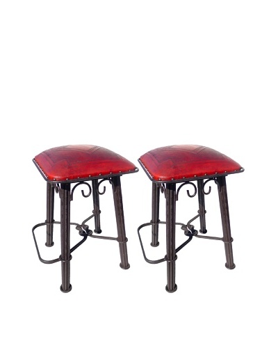 New World Trading Diamond Western Iron Counter Stool With Back, Red