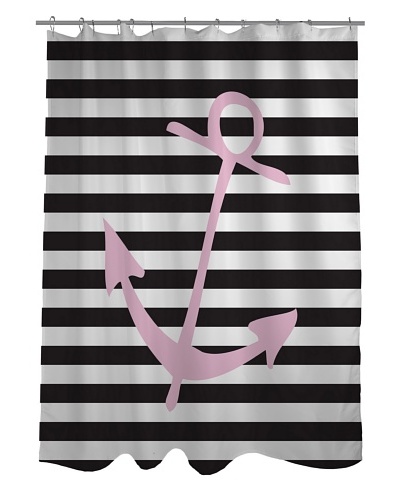 One Bella Casa Striped Anchor Shower Curtain, Black/White/Pink