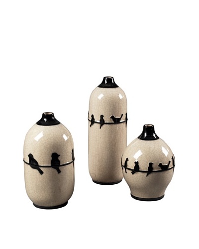 Sterling Home Set of 3 Birds on a Wire Ceramic Jars, Cream /Black
