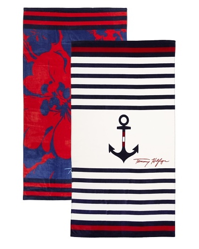 Tommy Hilfiger Set of 2 Anchor and Stripe/Modern Hibiscus Beach Towels