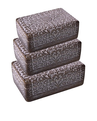 Uptown Down Set of 3 Floral Diamonds Wood Boxes, Natural Wood/White