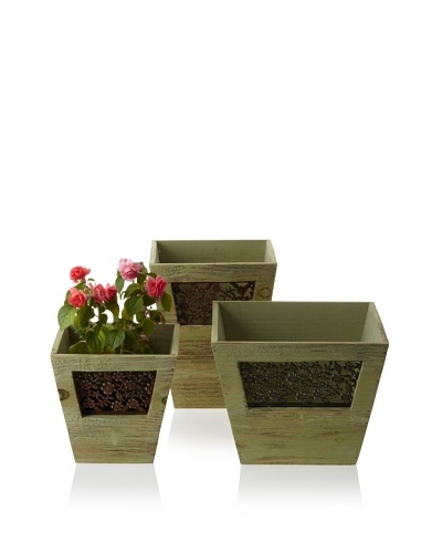 Wald Imports Set of 3 Vintage-Look Wooden Planters with Floral Metal Plate, Fresh Green