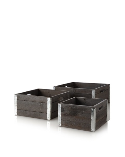 Wald Imports Set of 3 Wood Crates with Galvanized Metal Trim, Gray