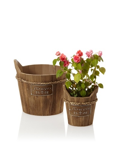 Wald Imports Set of 2 Vintage-Look Wooden Planters with Metal Plate [Mocha Brown]