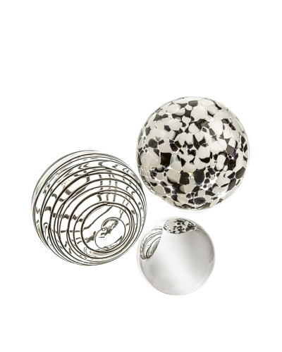 Worldly Goods Set of 3 Mouth Blown Glass Spheres, Silver/Black