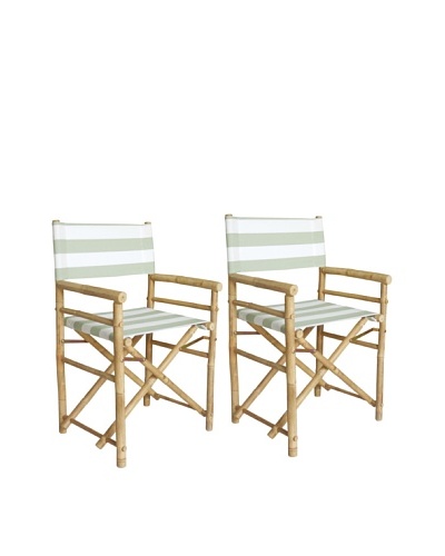 ZEW, Inc. Pair of Outdoor Bamboo Director Chairs with Interchangeable Covers, Celadon Stripes/White