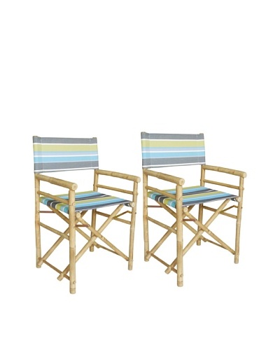 ZEW, Inc. Pair of Outdoor Bamboo Director Chairs with Interchangeable Covers, Green Stripes/White