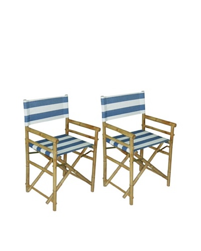 ZEW, Inc. Pair of Outdoor Bamboo Director Chairs with Interchangeable Covers, Navy & White Stripes/W...